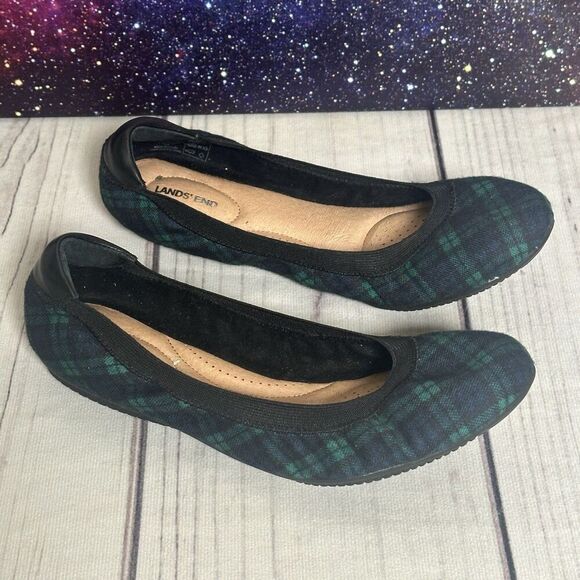 Lands End Womens 8 B Ballet Flat Shoe Round Toe Elastic Trim Slip On Plaid EUC - Picture 1 of 10